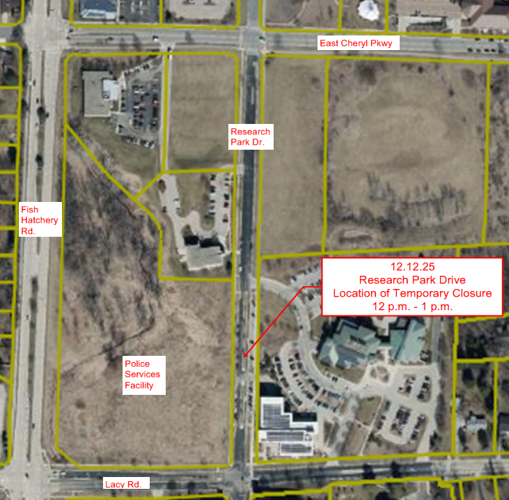 Research Park Drive Map with location of closure. 