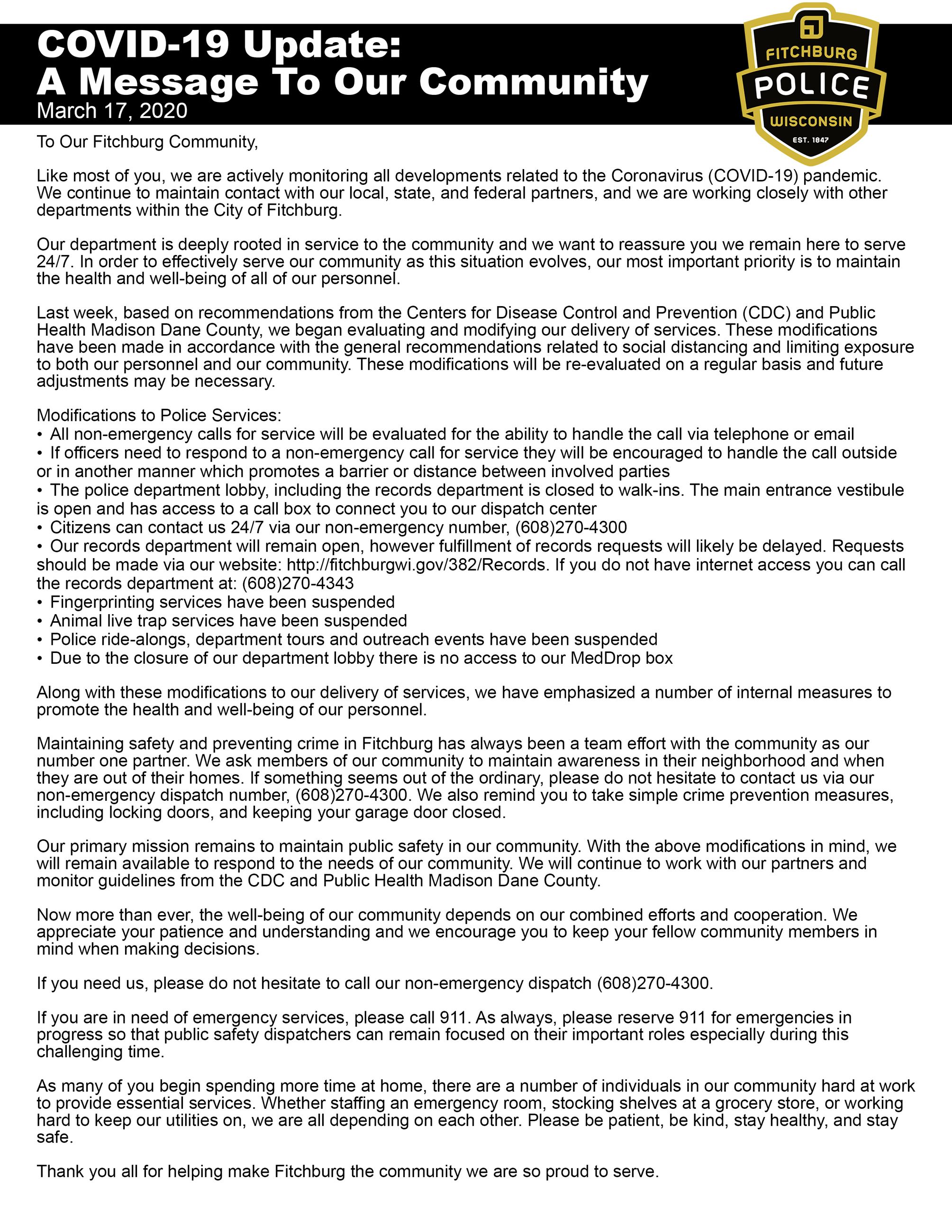 Fitchburg Police COVID 19 Update_Messsage to our Community